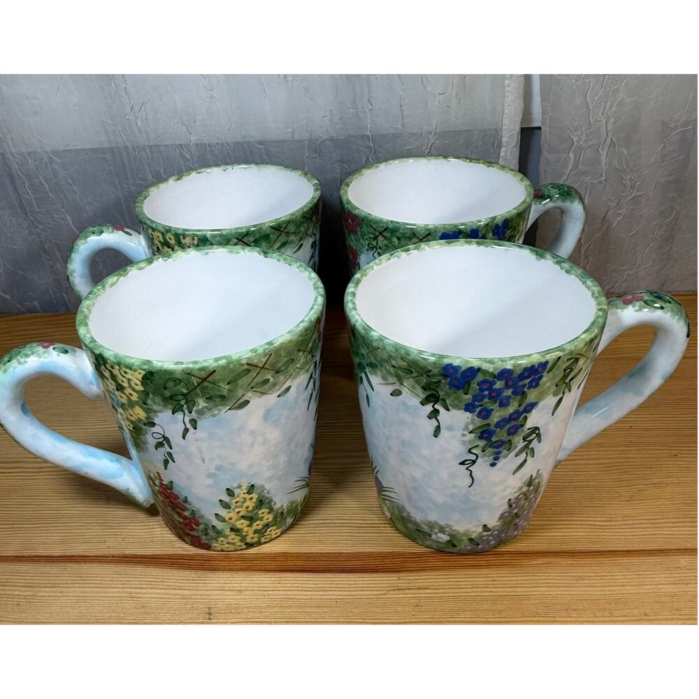 Fitz Floyd Balloons Floral Mug Set 4 Hand Painted Garden Coffee Cups